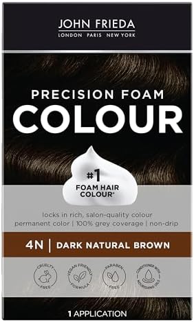 John Frieda Precision Foam Colour, Dark Natural Brown 4N, Full-coverage Hair Color Kit, Anti-Fade Gray Coverage, Deep Color Saturation Hair Dye, 1 Application