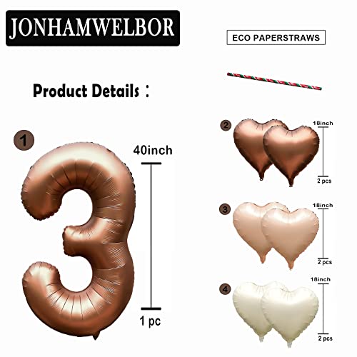 Jonhamwelbor 40 Inch Number 3 Balloon Large Big Helium Foil Number Balloon With Heart Balloons For Girl And Boy 3Rd Birthday Party Decoration (40 Inch Brown 3) #TOP1