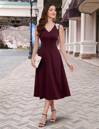 Image of Dressystar Sleeveless Cocktail Party Dress with Pocket 2025 Women V Neck Slit Tea Length Casual Dresses Work Wedding Guest