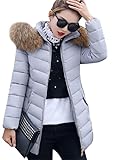 OMZIN Women's Full Zipper Warm Down Jackets Baggy Mid-length Jackets Lightweight Solid Color Tops with Hood Gray XS