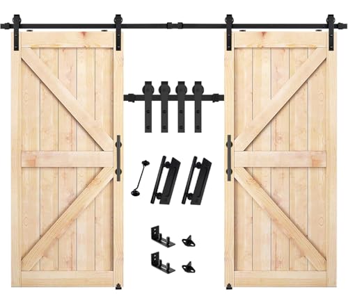 12-Foot Sliding Barn Double Door Hardware Kit with Track, Handles, Lock, and Guides