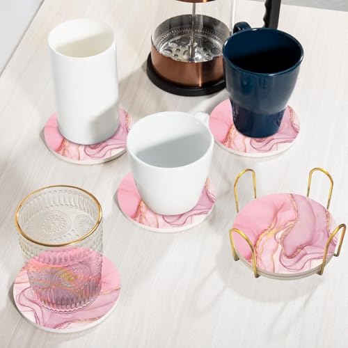 Image of Pink Coasters Set of 6, Absorbent with Gold Holder, Wood Drinks with Cork Backing, Drink Coasters for Table Home Kitchen Housewarming Gift