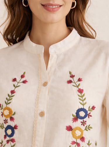 Image of RIEKA Womens Off White Cotton Shirt with Multicolour Floral Embroidery Button Down Mandarin Collar Relaxed Fit Casual Wear Top