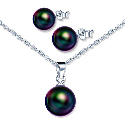 Yumilok Damen Halskette und Ohrstecker Schmuckset mit Weißer Perle aus 925 Sterling Silber für Frauen Grün