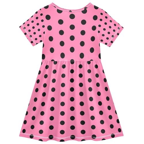 Polka Dots Pink Black Girls Short Sleeve Dress Summer Fashion A-line Skater Dresses2