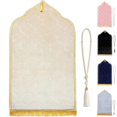 Muslim Prayer Rug with Tasbih Prayer Beads, Extra Thick Padded