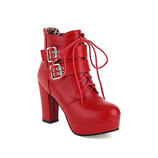 Damesplatform Ankle Boots met verstelbare riemgesp Kace Up Block Heel Combat Boots Zip Knight Laarzen,Rood,48 EU