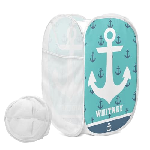 Nautical Anchor Marine Themed Aqua Laundry Basket,Foldable Mesh Popup Laundry Hamper with Handle for Dorm, Laundry Room, Bedroom, RV