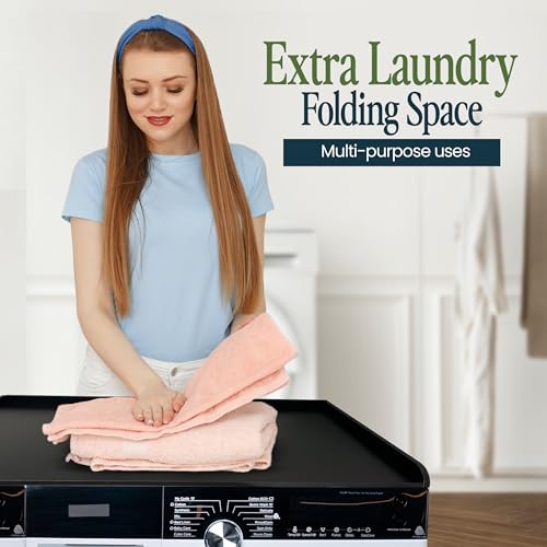 Image of Washer and Dryer Countertop with Non-Slip Mat - 54 inch Width x 27.5 inch Depth (Black) - Wood Shelf Topper with Edge Rails for Laundry Room Organization, Extra Laundry Folding Counterspace