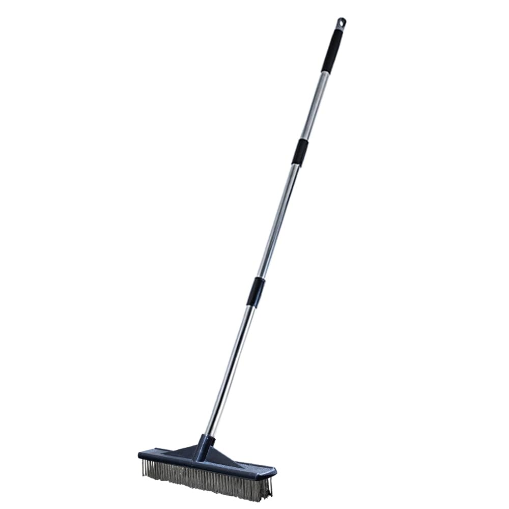 Scopa da giardino, in filo di acciaio inox, con manico lungo, resistente per rimuovere le macchie, non arrugginisce facilmente, per rimuovere muschio e alghe da giardino (130 cm x 37 cm)