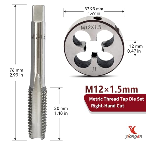 Image of M12x1.5 Tap and Die Set, Metric Right Hand M12 x 1.5 Tap Die Set, 12 x 1.5mm High-Speed Steel Thread Milling Tap and Die Suitable for Various Metals, M12 Thread Tap and Round Thread Die Tool