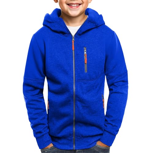 Mjjsk Sudadera con capucha para niños y adolescentes, clásica, lisa, con cremallera, para la escuela, informal, a la moda, abrigo, azul, 16-17 años