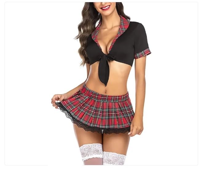 Plaid School Girl Costume Set, White Crop Top with Red Tartan Mini Skirt, Lace Trim Plaid School Girl Costume Set, White Crop Top with Red Tartan Mini Skirt, Lace Trim
