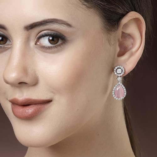 Image of Zeneme Fashion Rhodium Plated Brass Silver Toned Fancy Tear Drop Dangle Earring For Women and Gifts For Girls