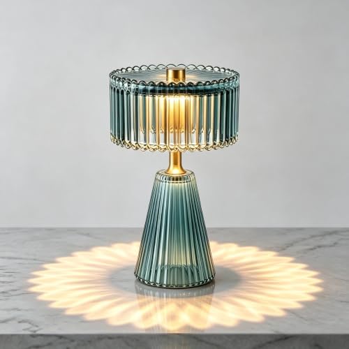 MiuBrty Cordless Glass Table Lamp - Small Battery Operated Lamp with 6H Timer, Vintage Fluted LED Battery Powered Lamps, Teal Glam Accent Nightstand Light for Bedroom, Bathroom, Patio (Teal+Small)
