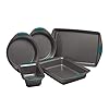 Rachael Ray Nonstick Bakeware Set with Grips includes Nonstick Baking Pans Baking Sheet and Nonstick Bread Pan 5 Piece Gray with Marine Blue Handles