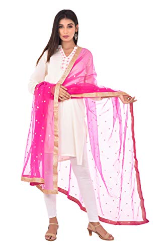 Image of YOUTHQUAKE Women's Net Embroidered Full Size Dupatta With 4 Side Golden Lace
