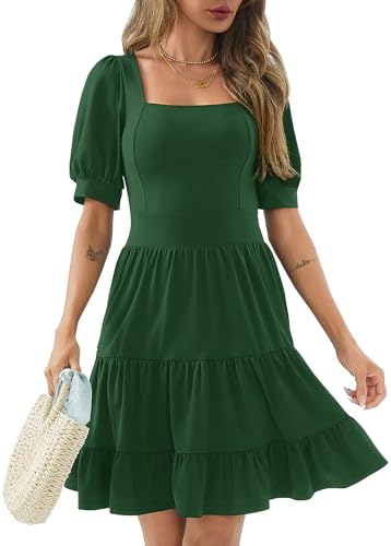 Image of Women's Square Neck A-Line Summer Dress Puff Sleeve Flared Swing High Waist Smocked Flowy Midi Casual Dress for Office /Party Green
