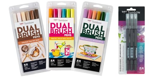 Tombow Dual Brush Pen Set - Coffee Break Teatime & Happy Hour - 21 PC Set - Colorless Blender Pens Included - Art Marker