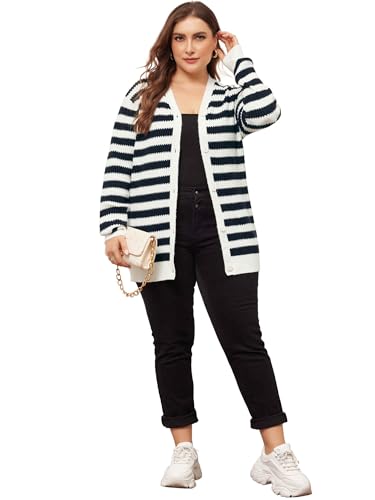 Image of Agnes Orinda Plus Size Cardigan Sweater for Women Button Down Open Front Long Sleeve Striped Knit Cardigans Coat Winter