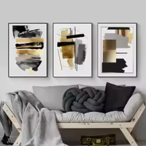 Impression sur toile abstraite coups de pinceau noirs et dorés 60 x 80 cm