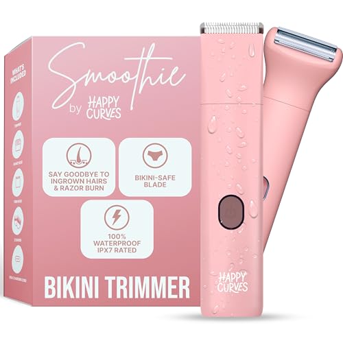 HAPPY CURVES Smoothie Bikini Trimmer - Electric Razor for Women, Waterproof Hair Groomer with Adjustable Guards, Personal Shaver for Pubic Hair, Ladies Intimate Shaver and Body Trimmer (Guava)