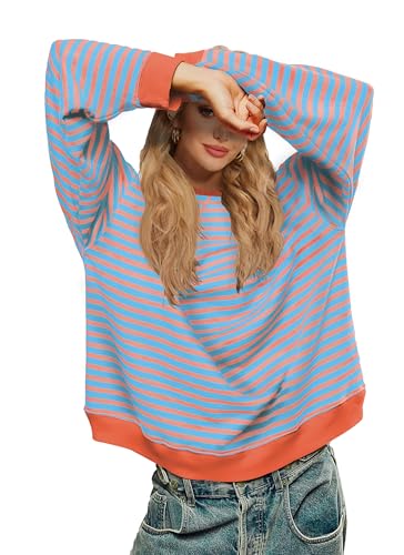 LOZ Women Striped Oversized Sweatshirt Long Sleeve Crewneck Hoodies Shirts Pullover Top Trendy Clothes with Pockets