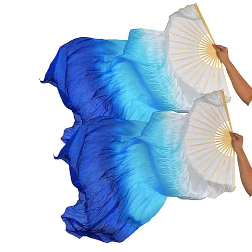TMZAQH Artificial Silk Belly Dance Bamboo Fans Veils Colors1 Pair 180 * 90cm (Left+Right) (White Turquoise Blue)