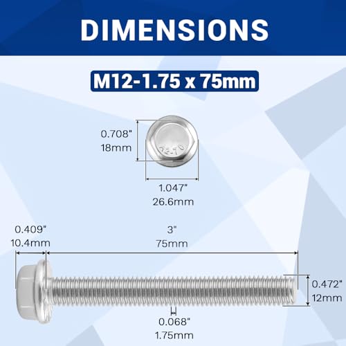Image of M12-1.75 x 75mm Serrated Flange Hex Bolts + Flange Nut + Flat Washer + Lock Washer Combo Pack, 304 Stainless Steel 18-8, for Automotive & Machinery, 4 Sets
