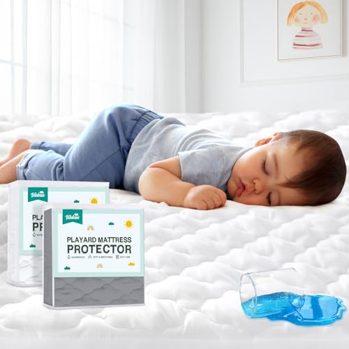 Image of 2 Pack Pack and Play Mattress Protector Sheets Fitted Waterproof Playard Mattress Pad Cover, Compatible with Graco Pack n Play & Dream On Me & Pamo Babe, Playpen/Playard Sheet, White&Gray, 39" x 27"