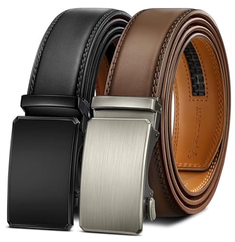 Image of BULLIANT Men belt 2Pack,Leather Ratchet Belt for Gift Men Dress Casual Jeans 1 3 /8 inch,Cut for Fit