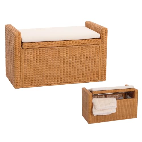 Mendler Baule Panca Contenitore M92 Rattan 44x88x51cm Colore Legno con Cuscino