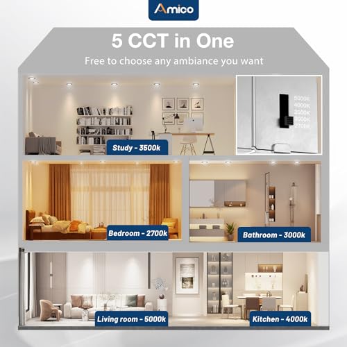 Amico 12 Pack 6 Inch 5CCT Ultra-Thin LED Recessed Ceiling Light with J-Box, 2700K/3000K/3500K/4000K/5000K Selectable, 12W Eqv 110W, Dimmable Canless Downlight, 1050LM High Brightness, Black - ETL
