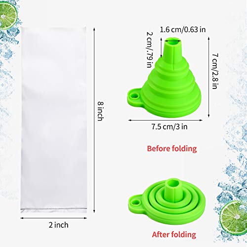 Image of Patelai 200 Pcs Ice Pop Bag 2 x 8 in with Funnel Popsicle Freeze Mold | Silicone Foldable Funnel Included, No Spill Fill, Ice Candy Yogurt Bolis Charamuscas, Clear Seal Pouch