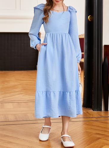 blibean Tween Girls Tie Back Dresses Embroidery Sleeve Size 6-15 Years3