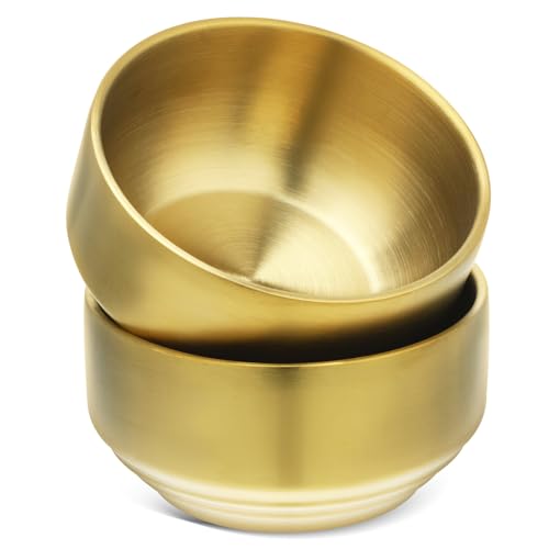 DEARMAMY 2 pezzi Ciotole Piccole in Acciaio 304 Doppio Antiscottatura Scodelle Coreane Resistenti al Calore per Cereali Zuppe Snack e Frutta Design Moderno Dorato