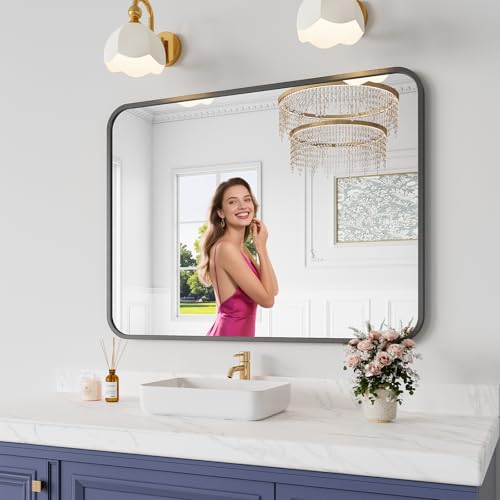 Koonmi Bathroom Mirror 30X40 Inch Black Metal Framed Mirror for Bathroom Tempered Glass Anti-Rust Rounded Rectangle Mirror for Restroom Bedroom Black
