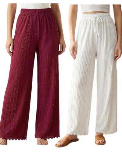 Image of Women Pack of 2 Pleated Palazzo Pants | Free Size (M to 3XL) | Elastic Waist with Drawstring | Soft Stretch Fabric | Casual, Office