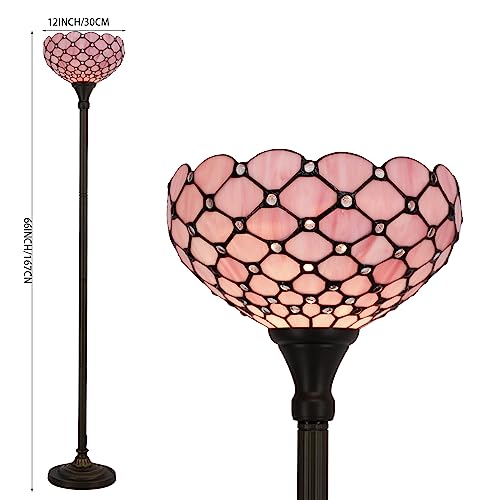 Image of WERFACTORY Tiffany Floor Lamp Pink Stained Glass Pearl Bead Light 12X12X71 Inches Torchiere Standing Corner Torch Uplight Decor Bedroom Living Room Home Office S005P Series