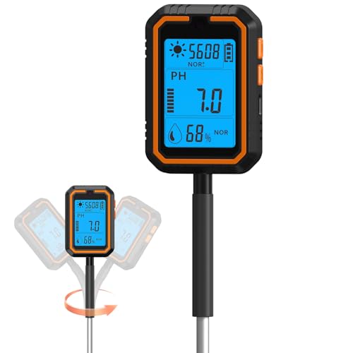 Qikktyay Soil Moisture Meter 4-in-1 Rechargeable 360 Rotating Head & Backlit Digital Soil Moisture Soil pH Tester Temperature & Sunlight Intensity Monitor for Indoor Plants Garden Farm