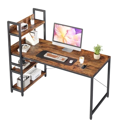 Sweetcrispy Schreibtisch mit Seitlichem Regal & Verstellbaren Füßen, 120 cm breiter Bürotisch, Starker Computertisch mit Ablagefläche, Einfacher Montage, vintagebraun