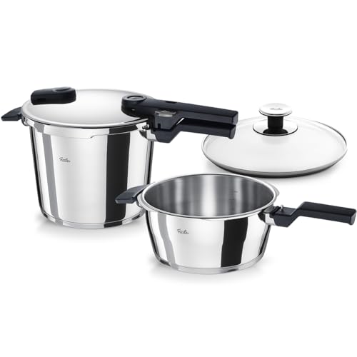 Fissler Vitaquick Juego de 3 ollas a presión (2 ollas a presión con tapadera metálica de 3,5 l y 6 l, 1 tapadera de vidrio adicional), inducción