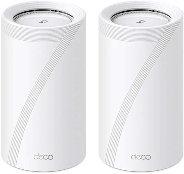Deco BE85 Wi-Fi 7 Mesh WLAN Set (2 Pack), BE19000 Tri-Band Router and Repeater (10 Gbit/s Ethernet/Fiber Port, 19 GPS Wi-Fi Speed, WPA3, 320 MHz Channels, 6 GHz) White