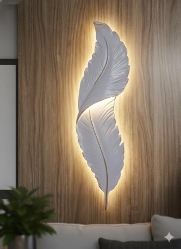 Image of UJALAVISTA Feather Shape Wall Lamp | 65cm Acrylic Fancy Wall Light | 3-Color LED (Warm /Natural /Cool) | Modern Decorative Wall Sconce for Living Room & Bedroom (White Feather) (1, White) | PVC body, wall-mount kit included. Warm /Natural /Cool LED modes. For living room, bedroom, hallway, TV unit walls.