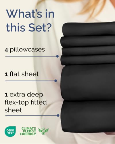 Image of CGK Unlimited Flex Top Split Head King 6 Piece Piece Sheet Set - Comfy Breathable & Cooling - Soft Hotel Luxury Bedding Set with 8-16 Inch Deep Pockets - 1 Flat & 1 Fitted Sheet & Pillowcases - Black