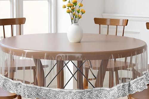 Image of The Furnishing Tree Round Shaped 4 Seater Transparent Table Cover Size 54x54 inches 0.25 mm Thickness with Silver Lace