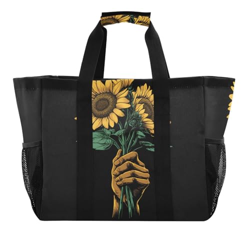 Large Waterproof Travel Tote Bag for Women Men, Hand Flower Sunflowers Canvas Beach Bag with Lining & Pockets - Reusable Grocery/Laundry/Kitchen/Pool/Picnic Tote (15.4x9.8x12.8in)