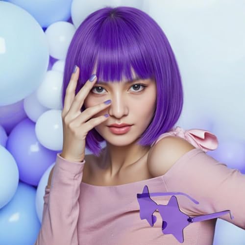 Image of ANOGOL Purple Bob Wig with Bangs Purple Wigs Women Lavendar Colored Wigs | Hair Cap+Sunglasses Short Neon Wig for Bachelorette Party Funny Outfit for Women Halloween Costume Night Club Crazy Hair Day