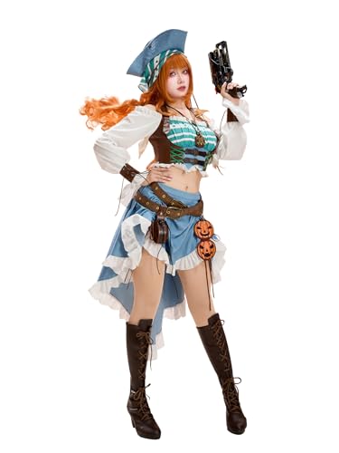 haikyuu Pirate Nami Cosplay Costume With Hat Captain Dress Renaissance Costume Medieval Halloween (blue medium)