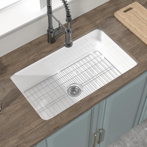 HOMLYLINK Undermount Kitchen Sink White 32 x 19 Inch, Fireclay Topmount Sink Drop In Single Bowl, with Custom Accessory 2 Types, Dual Mount, for Kitchen, Pure White